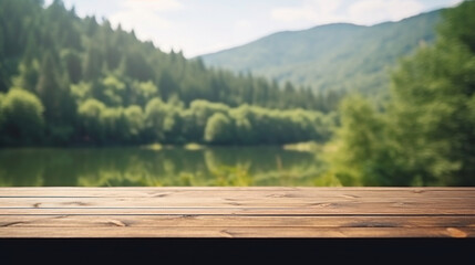 Calm and serene view of a lake from an empty wooden pier, surrounded by lush green forest in a...