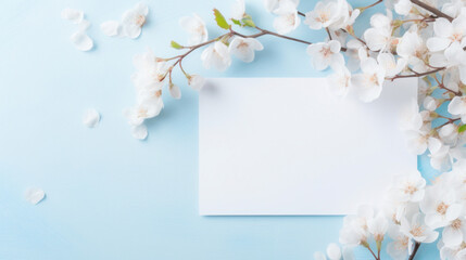 Cherry blossoms frame a blank space on a light blue background, ideal for springtime greetings or announcements.
