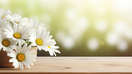A serene setting with a terracotta pot filled with white daisies on a wooden surface against a blurred green background.