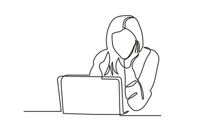 continuous line drawing of a professional young girl using a laptop computer.Communication and work on the Internet. isolated on a white background.
