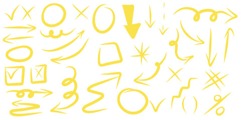 A group of chalked arrows and frames. Hand drawn yellow charcoal symbol for hand drawn diagram. Vector doodle marker drawing. Freely different curved arrows, swirls, crosses, circles and check marks.