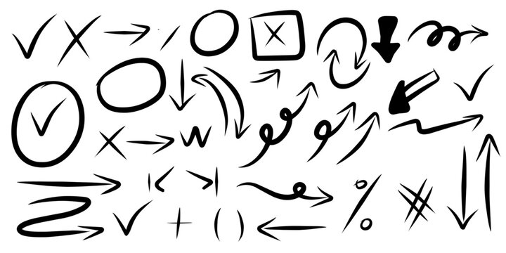 Group of chalked arrows and frames. Hand drawn black charcoal symbols for hand drawn diagrams. Vector doodle marker drawing. Freehand different curved arrows, swirls, crosses, circles and check marks.