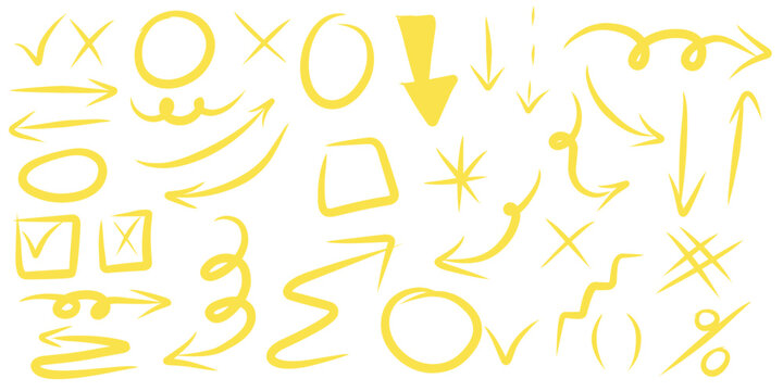 A group of chalked arrows and frames. Hand drawn yellow charcoal symbol for hand drawn diagram. Vector doodle marker drawing. Freely different curved arrows, swirls, crosses, circles and check marks.