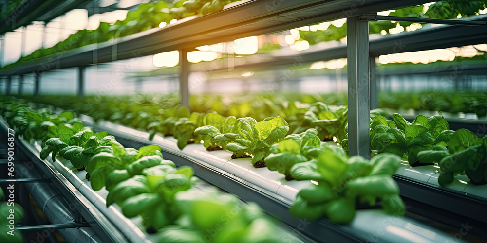 Sticker Multiple rows of leafy green and red lettuce. The vegetable is growing in a hydroponic ,  hydroponic farm with rows ,