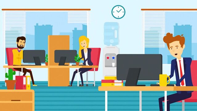 2d Animated Scene Of Office Daily Routine, Man And Woman Employees Working On Computers Like Everyday Jobs.