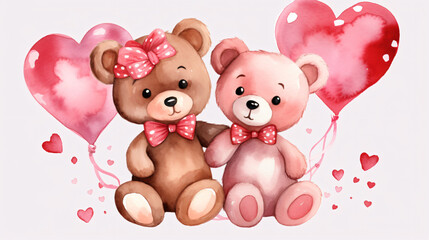 Watercolor of cute couple of teddy bear