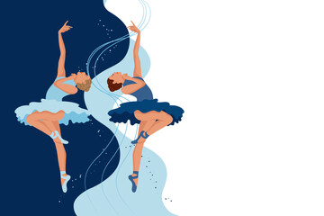Women ballerinas dancing, classical ballet on an abstract background. Copy space banner, ballet studio poster, vector.