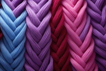 A close-up of a bunch of different colored braids. This asset is suitable for hair care products, beauty salons, diversity and inclusivity concepts,and fashion-related design,close up of colorful yarn - obrazy, fototapety, plakaty