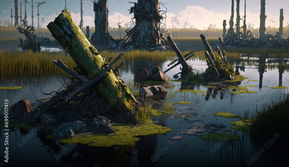 Poster exploring the intricacies of swampy bog mud puddles in the depths of a jungle - ai generative
