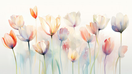 Elegant tulip flowers transparent watercolour background. Pastel colour palette. Generative AI - obrazy, fototapety, plakaty