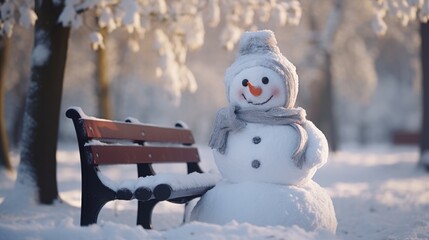 Photo of a snowman with a carrot nose in a snowy beautiful winter, sitting on a bench in the park