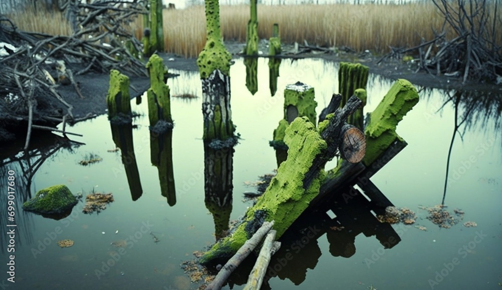 Poster exploring the intricacies of swampy bog mud puddles in the depths of a jungle - ai generative