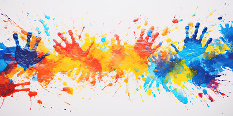 A painting with handprint  paint specks suitable for creative backgrounds, artistic projects, print designs, and online content. A colorful messy paint handprint pattern made by stamping on paper,
