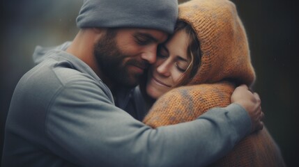 Happy couple embracing each other in a warm and affectionate hug. - obrazy, fototapety, plakaty