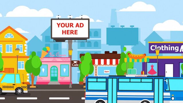 2d Animated Urban Cityscape With Shops And Billboards, Cars Passing By On Road, White Clouds Floating, Sun Shining Above Urban City.