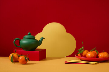Green teapot placed on a podium, displayed with a tangerines dish and envelopes. Chinese people...
