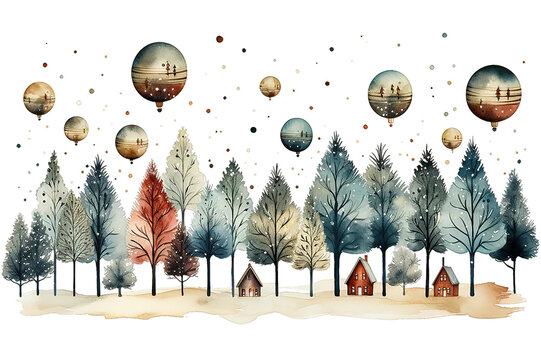 Colorful Christmas trees watercolor illustration. Banner, card decoration isolated on a Transparent background. Generative AI