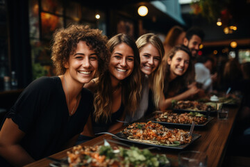 Fototapeta premium Group of happy friends taking selfie while celebrating in restaurant
