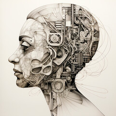 Human head consisting of microcircuits, parts and wires, humanoid robot, artificial intelligence, black and white drawing, engraving style 