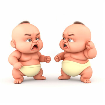 Two newborn babies fight like sumo wrestlers, funny cute cartoon 3d illustration on white background, creative avatar