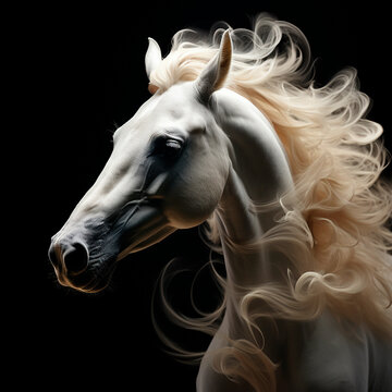 Head of a white horse with a flowing mane, portrait, close-up on black, beautiful animal