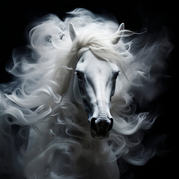 Head of a white horse with a flowing mane, portrait, close-up on black, beautiful animal 