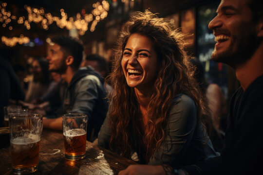 A young beautiful Caucasian woman is sitting in the company of friends in a bar on a weekend