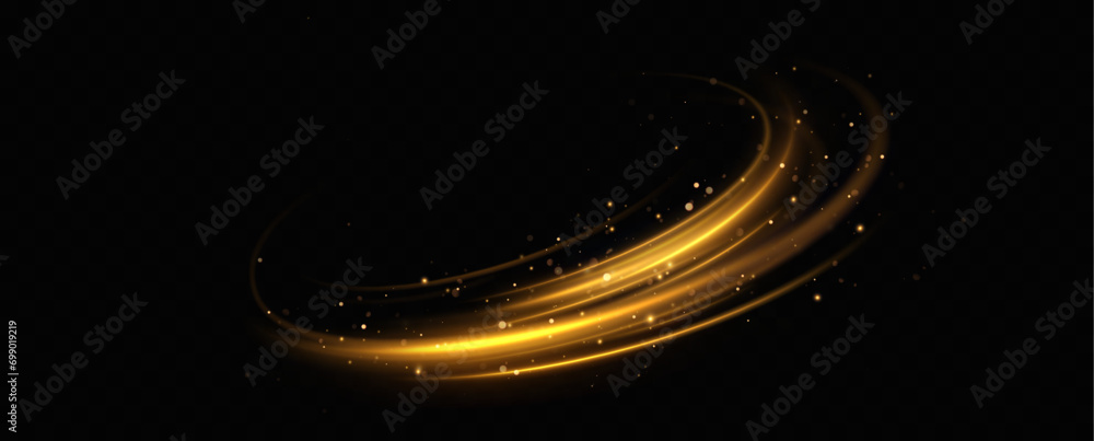 Aufkleber Golden glowing swirl. The effect of moving at the speed of light. Easy trail. Shiny wavy path. Vector.Neon light.