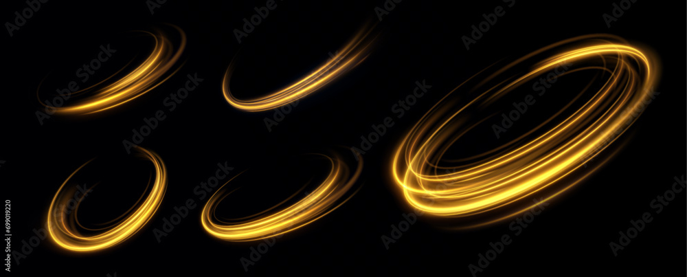 Poster Portal and frame, abstract golden light lines of movement and speed. light ellipse.Gold neon ring.Glowing circle.Glow effect.Round light frame. abstract light lines of movement and speed.
