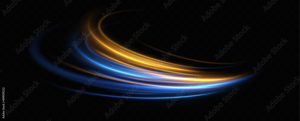 Aufkleber Abstract light lines of movement and speed with blue and yellow sparkles.
glowing vortex. The effect of moving at the speed of light. Easy trail. Shiny wavy path. Vector.Neon light.