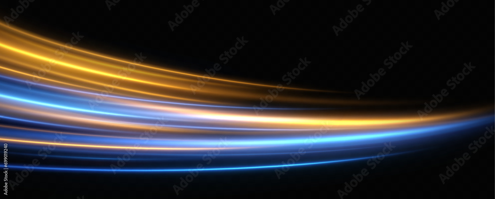 Aufkleber Abstract light lines of movement and speed with blue and yellow sparkles.
glowing vortex. The effect of moving at the speed of light. Easy trail. Shiny wavy path. Vector.Neon light.
