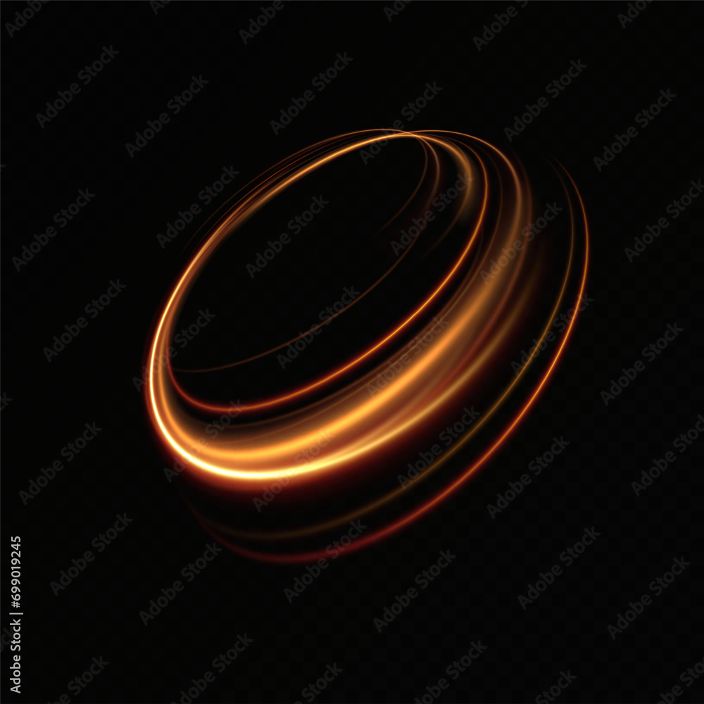 Poster Portal and frame, abstract golden light lines of movement and speed. light ellipse.Gold neon ring.Glowing circle.Glow effect.Round light frame. abstract light lines of movement and speed.