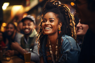 A young beautiful African woman is sitting in the company of friends in a bar on a weekend