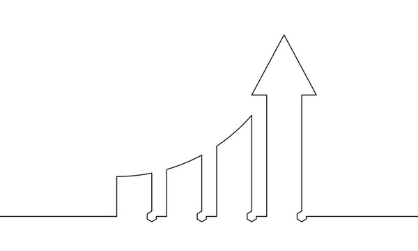 recommend clip art: Continuous line drawing of graph with arrow up. Illustration vector of increasing arrow. Business growth icon design. Bar chart. Object one line. Single line art