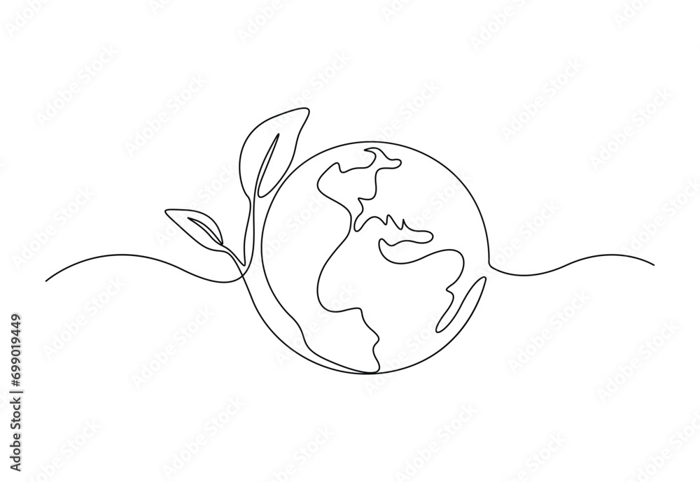 Poster continuous single line drawing of earth and tree world environment day concept vector illustration. 