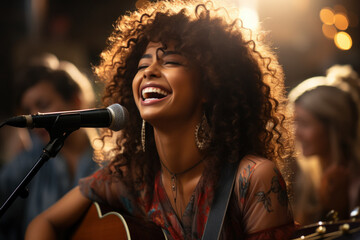 Young female playing the guitar and singing into a microphone in a bar