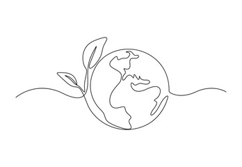 Continuous single line drawing of earth and tree world environment day concept vector illustration. Pro vector.