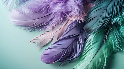 Lavender and mint green feathers on a creamy background. Feather arrangement. 