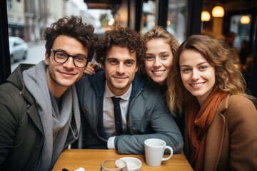 Obraz premium Group of happy friends taking selfie while celebrating in restaurant