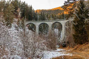 View of Landwasser Viaduct, Rhaetian railway, Graubunden in Switzerland at winter