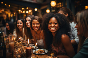Obraz na płótnie Canvas Young women in evening dresses celebrate a birthday in a restaurant, pub.