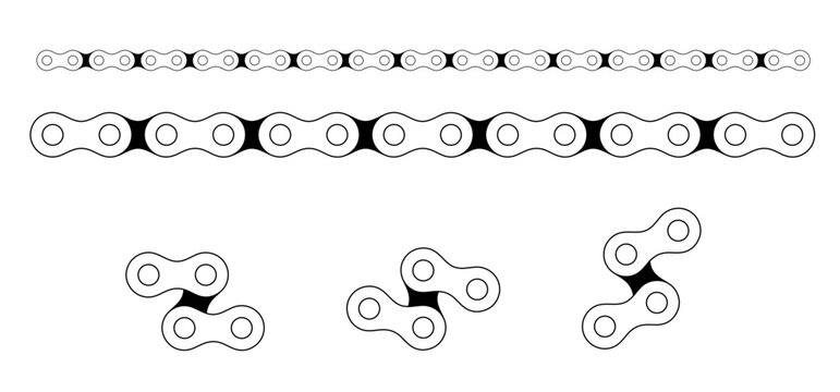 Cartoon silhouette of the chain for bike or bicycle. Cycling line pattern. Motorcycle chain links symbol. Bicycle chains icon. Chain machine sign. Gear machine.
