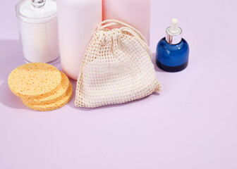 Skin care and treatment, spa. Cotton pads, facial cleansing gels. Copy space for text.