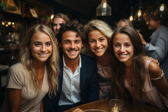 Group of happy friends taking selfie while celebrating in restaurant