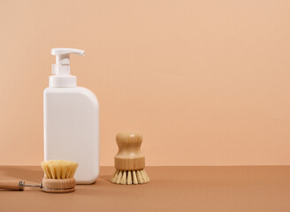 Composition with eco friendly cleaning supplies for dish washing. Copy space for text.