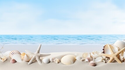 Fototapeta na wymiar Seashore Treasures: Beautiful Shells and Stars in Summer Sand