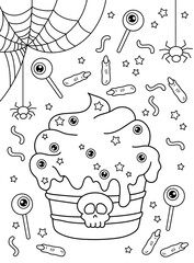 Halloween cupcake, sweet creepy fingers, spiderwebs, sweets, eyes. Background, coloring page, black and white vector illustration.