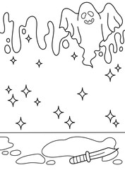 Halloween background, ghost, blood, knife. Background, coloring page, black and white vector illustration.