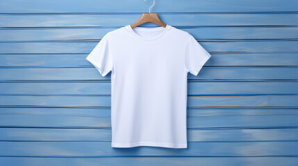 White t-shirt hanging on blue wooden background, fashion mockup. Generative AI - Powered by Adobe