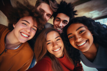 Fototapeta premium Group of joyful friends huddled together. Concept of unity in diversity.